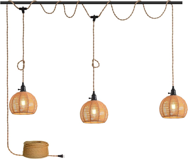 KENMI 3-Light Hanging Light with Plug in Cord,Plug in Pendant Light 22ft Hemp Rope Pendant Lighting Vintage 3-Light Hanging Lamp Fixtures for Kitchen Island Living Room Bedroom - Image 1